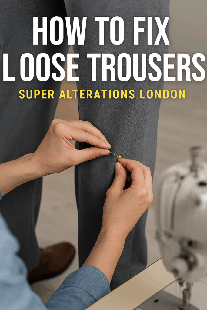 Tailor adjusting loose trousers at Super Alterations in Eltham, London